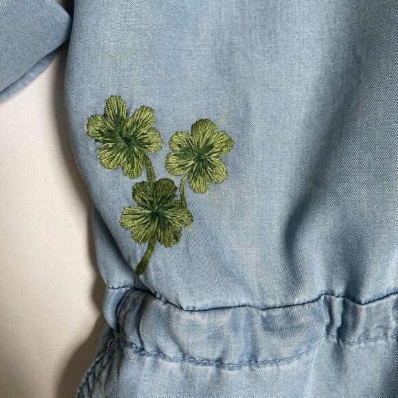 OOAK Shirt Dress M Chambray Blue Hand Embroidered Floral Lyocell Roll Tab Boho - Picture 4 of 11